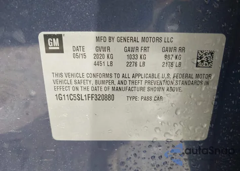 2015 Chevrolet Malibu 1Lt from USA, damaged, VIN 1G11C5SL1FF320880